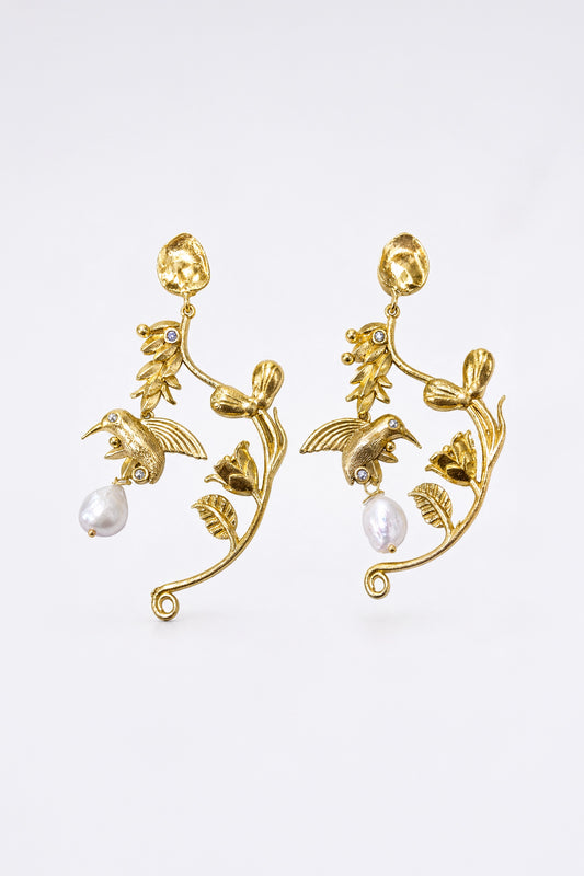Golden Bird & Pearl Statement Earrings