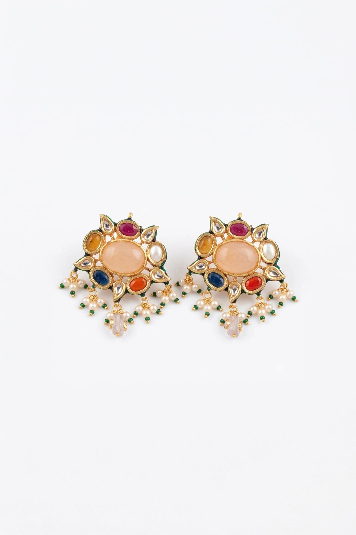 Gold Plated Earring With Polki, Meena Work And White Pearls