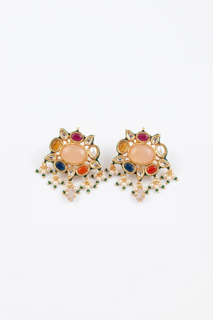 Gold Plated Earring With Polki, Meena Work And White Pearls