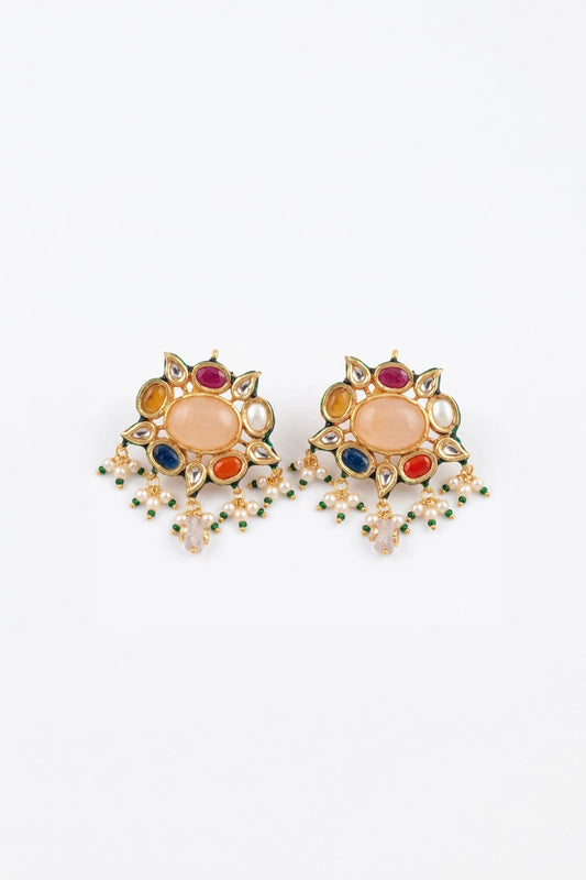 Gold Plated Earring With Polki, Meena Work And White Pearls