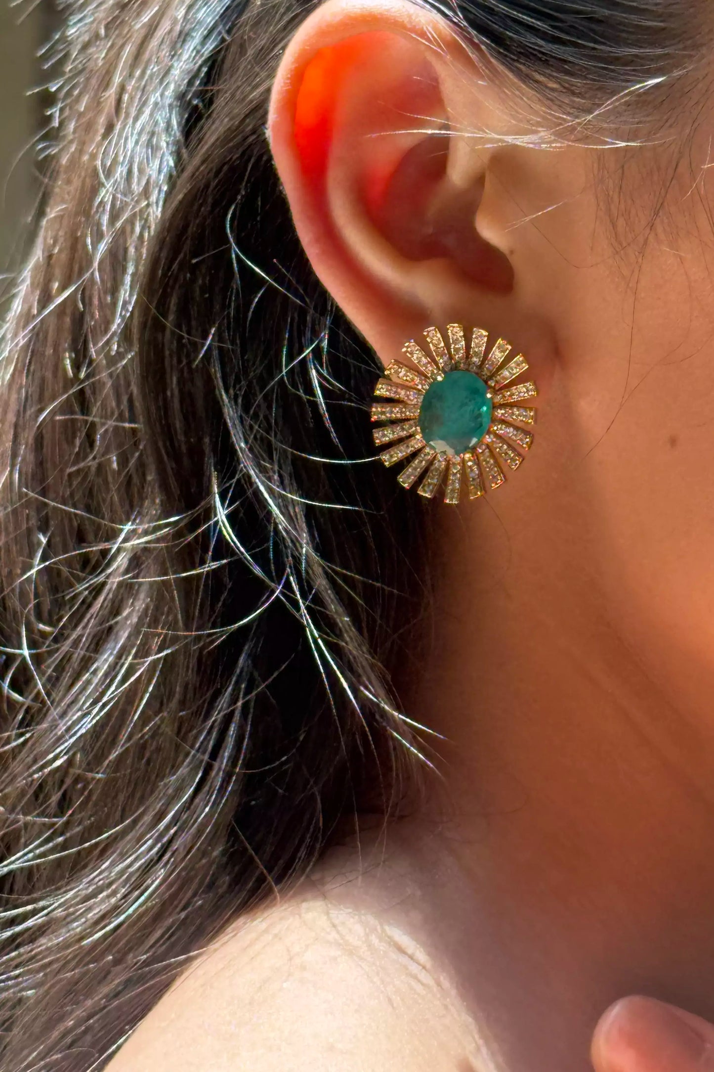 Usha Morning Ray Emerald Polki Stud Earrings