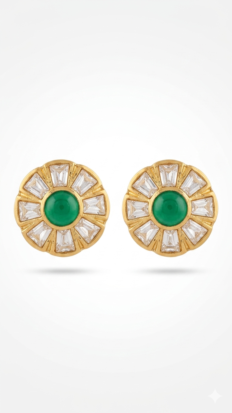 Green Emerald Sunburst Polki Stud Earrings