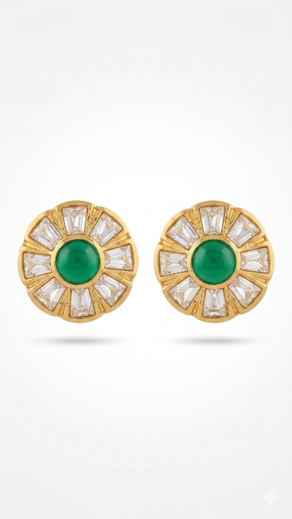 Green Emerald Sunburst Polki Stud Earrings