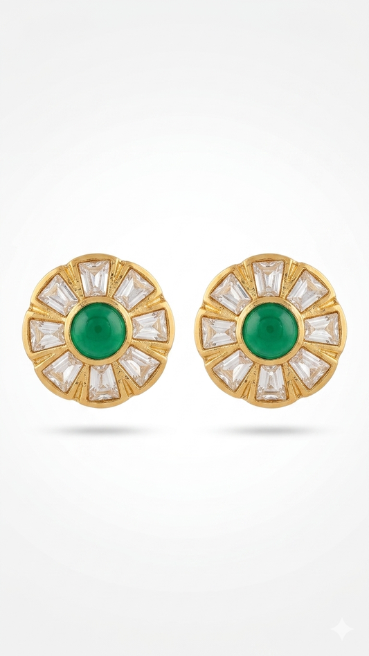 Green Emerald Sunburst Polki Stud Earrings