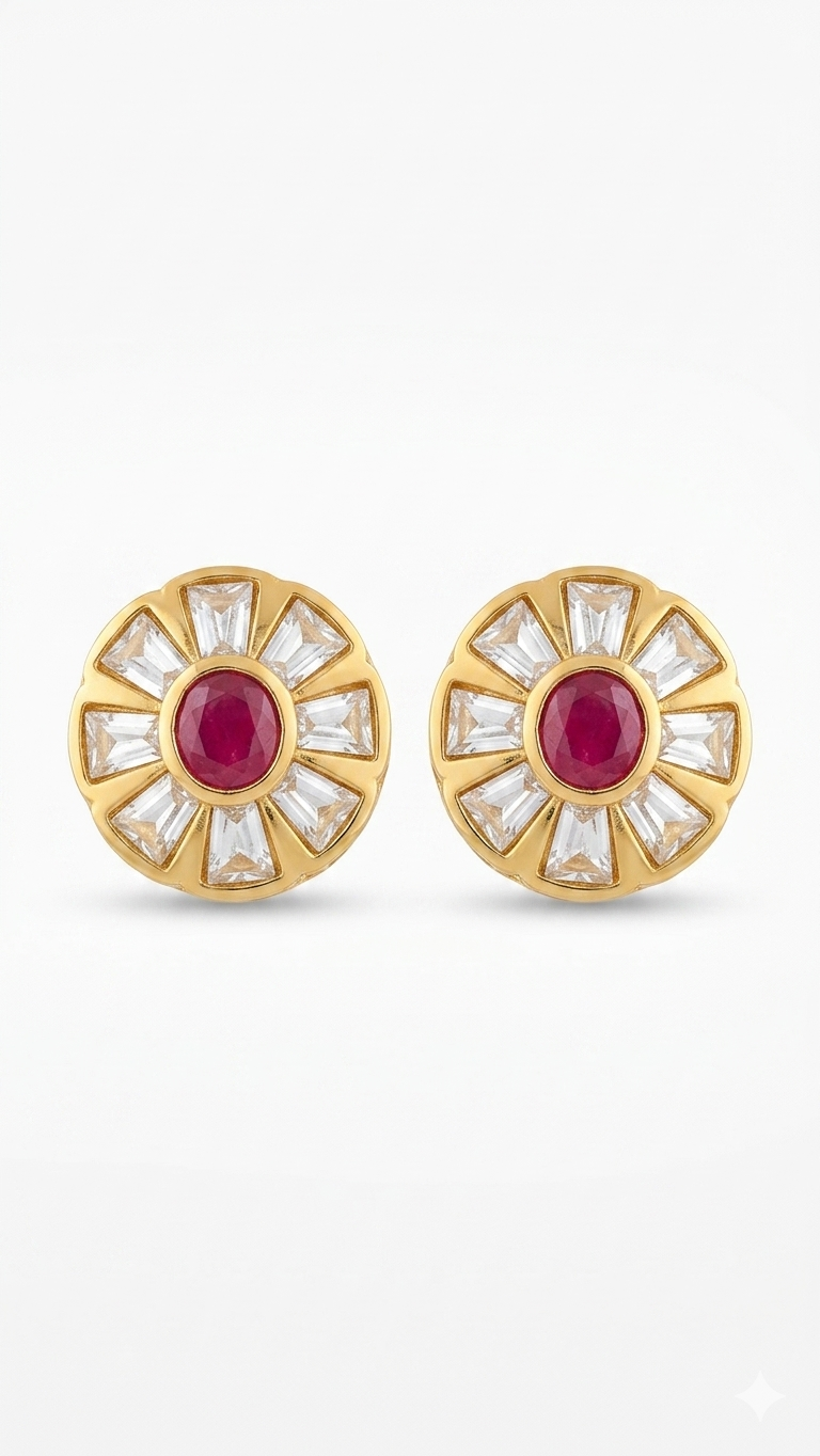 Red Emerald Sunburst Polki Stud Earrings
