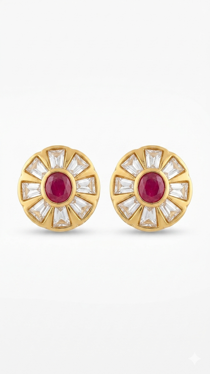 Red Emerald Sunburst Polki Stud Earrings