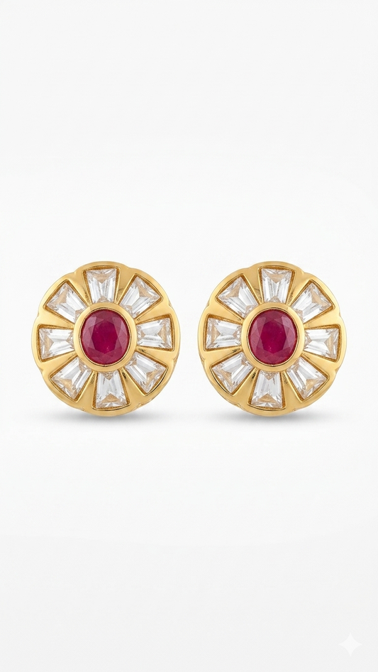 Red Emerald Sunburst Polki Stud Earrings