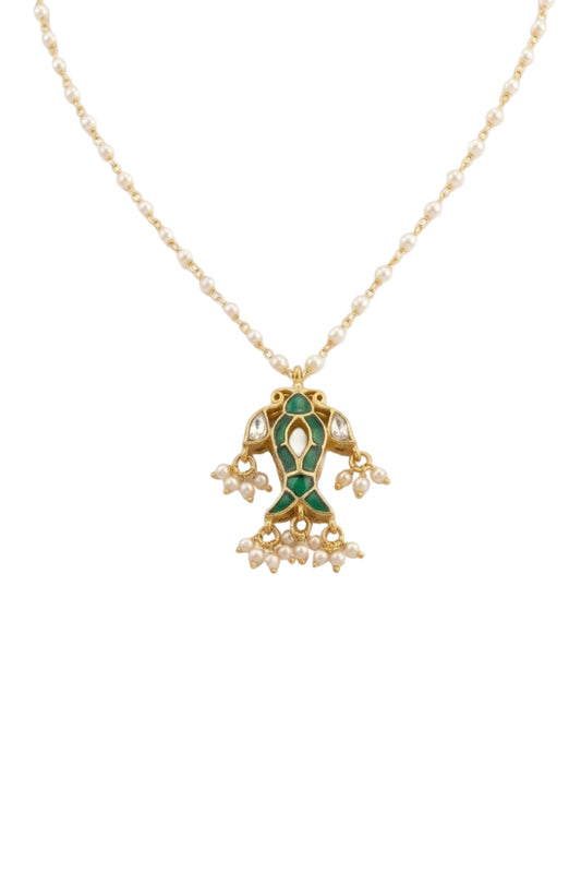 Urvi Green Coloured Fish Shaped With Semi-precious Stone And Polki Necklace