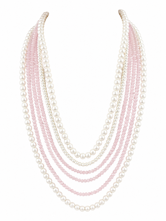 Blush Pink Crystal & Pearl Layered Mala Necklace
