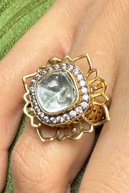 Hitakshi Lotus Polki Pearl Meenakari Cocktail Ring