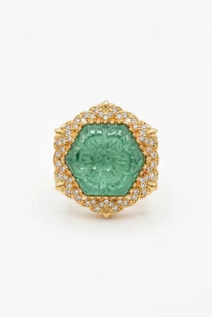Nia Carved Emerald Halo Statement Ring