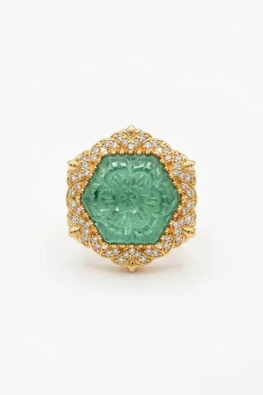 Nia Carved Emerald Halo Statement Ring