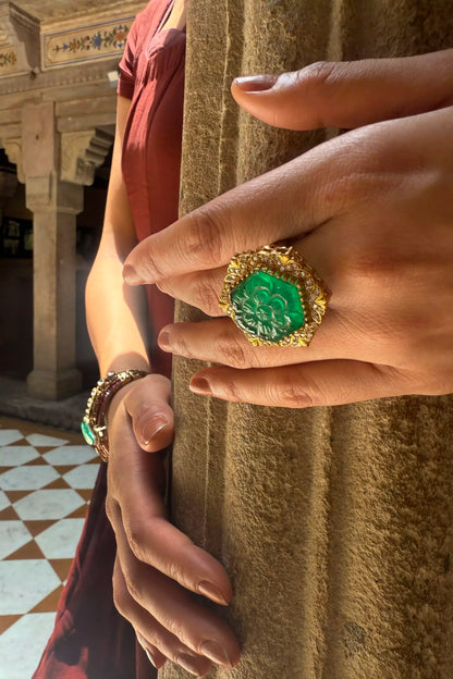 Nia Carved Emerald Halo Statement Ring