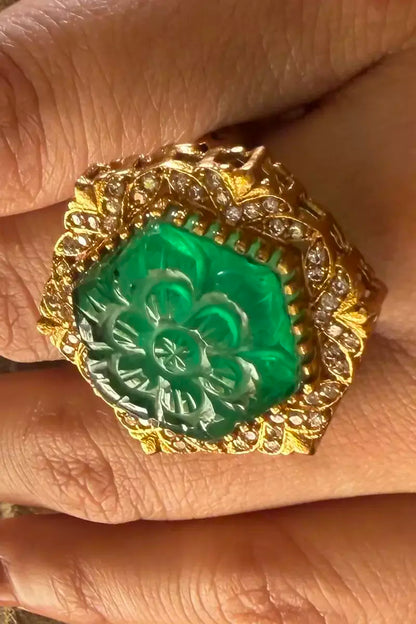 Nia Carved Emerald Halo Statement Ring