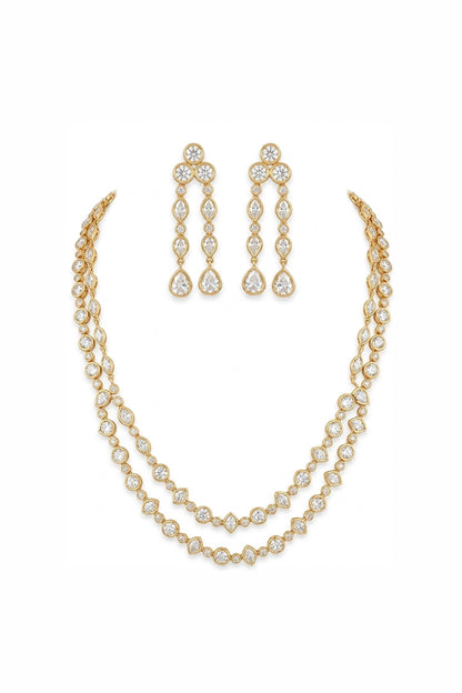 Suman Double Line Polki And Faux Diamond Necklace Set With Long Earrings
