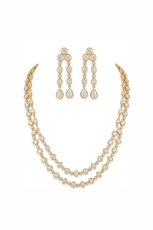 Suman Double Line Polki And Faux Diamond Necklace Set With Long Earrings