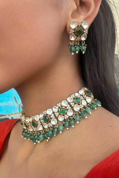 Riva Emerald Kundan Oxidised Choker Set
