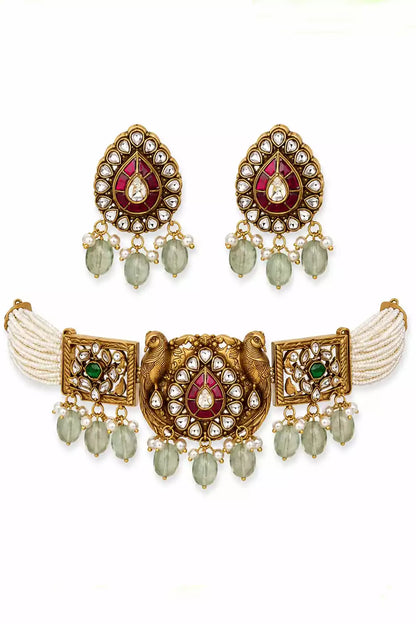 Raagini Kirtan Ruby Teal Polki Choker Set