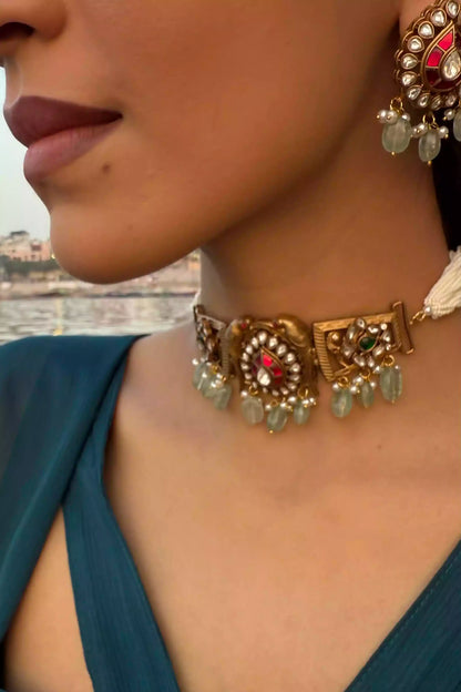 Raagini Kirtan Ruby Teal Polki Choker Set