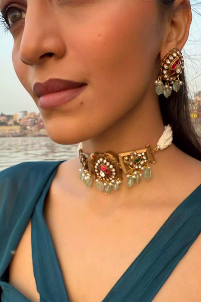 Raagini Kirtan Ruby Teal Polki Choker Set