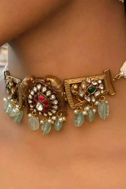 Raagini Kirtan Ruby Teal Polki Choker Set