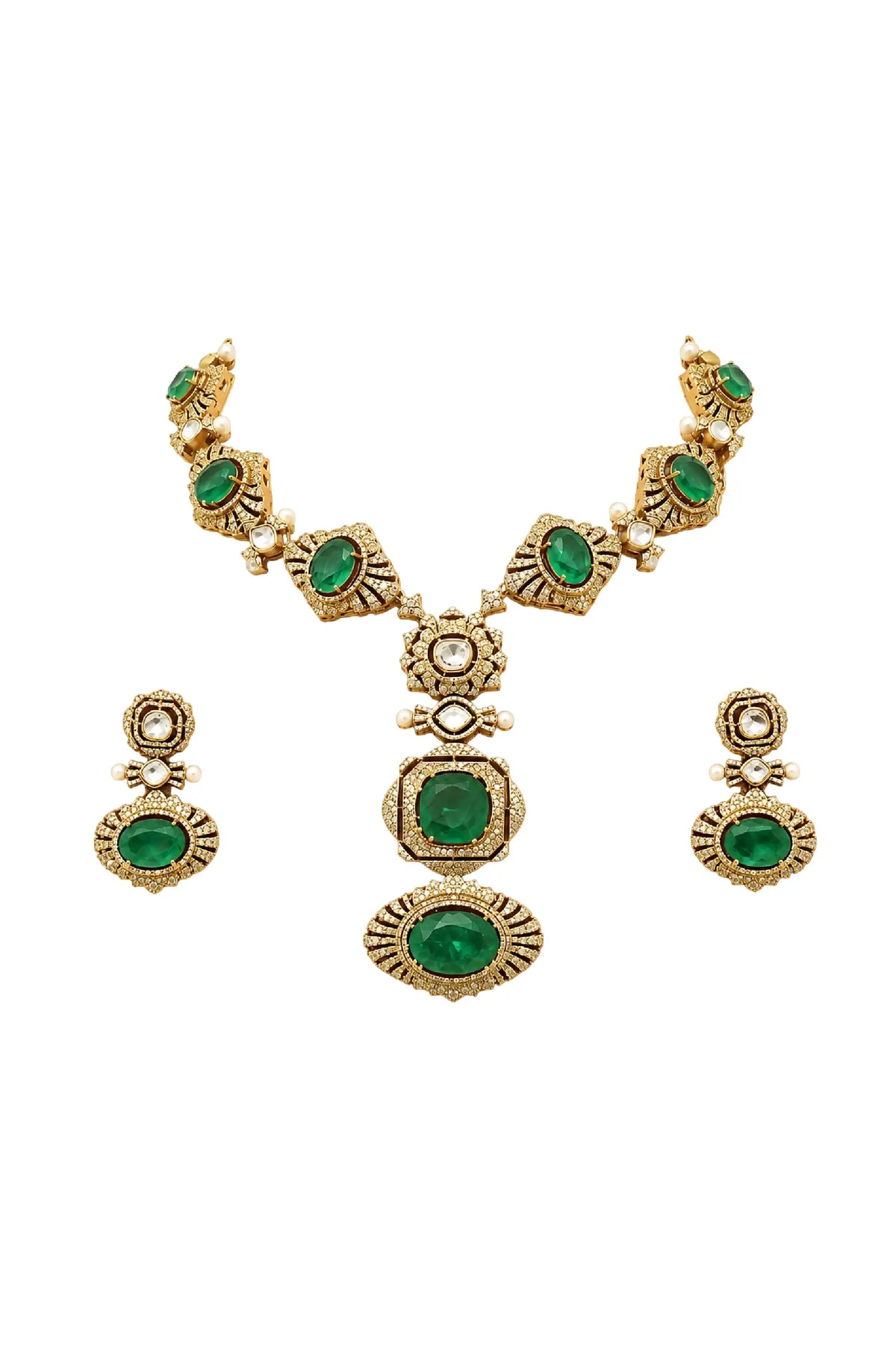 Rajwada Emerald Polki Statement Necklace Set