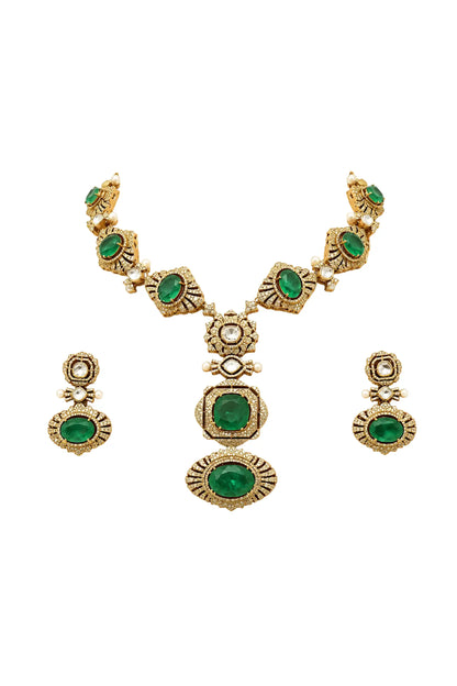 Rajwada Emerald Polki Statement Necklace Set