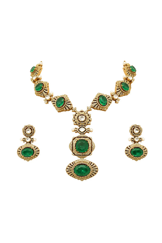 Rajwada Emerald Polki Statement Necklace Set