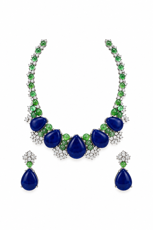 Mayuri Peacock Blue Green Stone Silver Tone Necklace Set