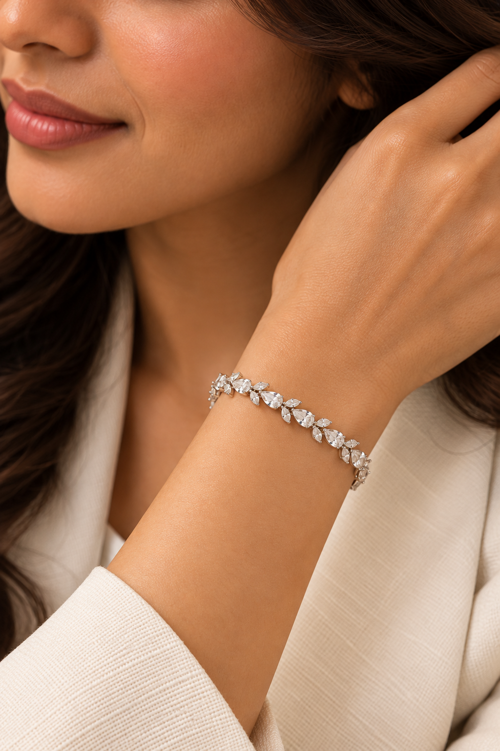 Laurel Silver Tone Pear Cut Diamond Leaf Bracelet