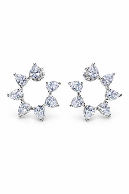 Petal Ring Pear Stone Open Circle Earrings in Silver Tone