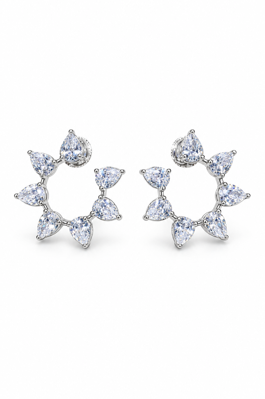 Petal Ring Pear Stone Open Circle Earrings in Silver Tone