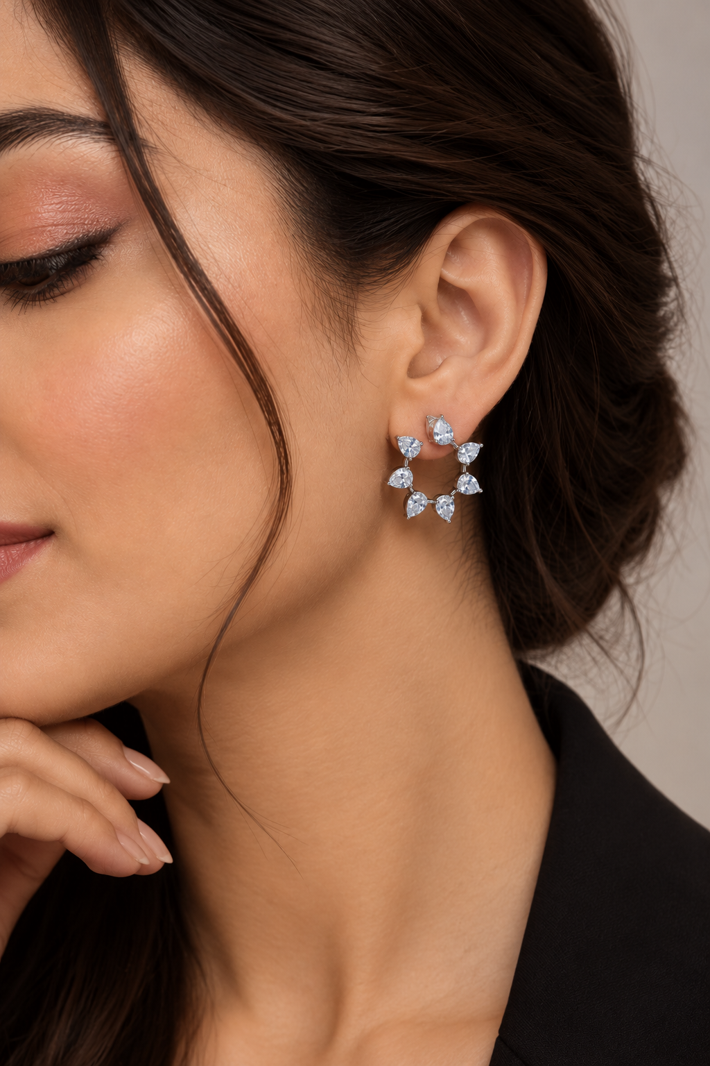 Petal Ring Pear Stone Open Circle Earrings in Silver Tone