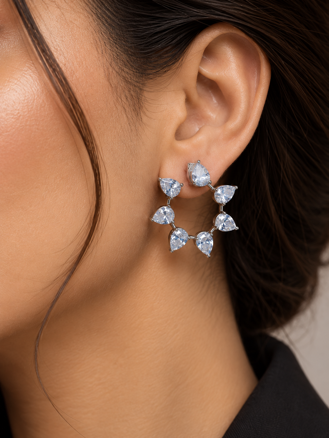 Petal Ring Pear Stone Open Circle Earrings in Silver Tone