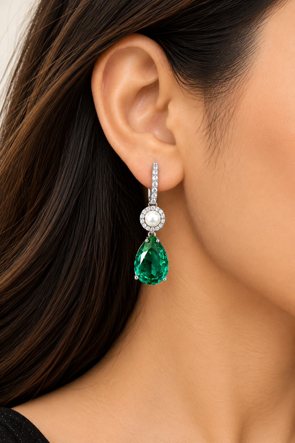Eternal Grace Emerald Pear Pearl Drop Earrings
