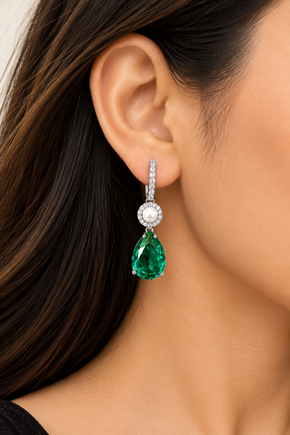 Eternal Grace Emerald Pear Pearl Drop Earrings