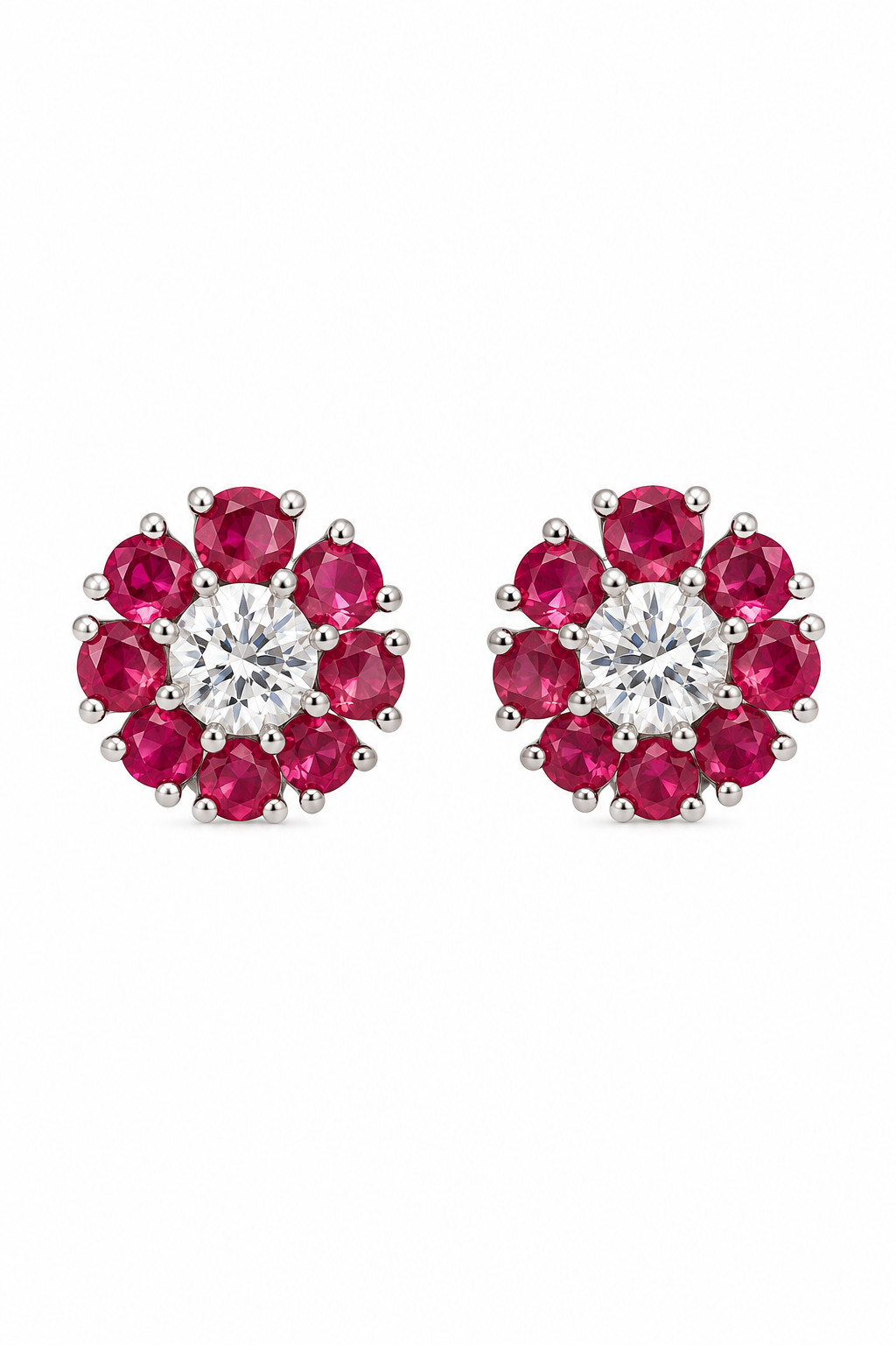 Rosette Ruby Pink Diamond Flower Stud Earrings