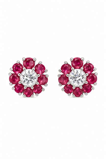 Rosette Ruby Pink Diamond Flower Stud Earrings