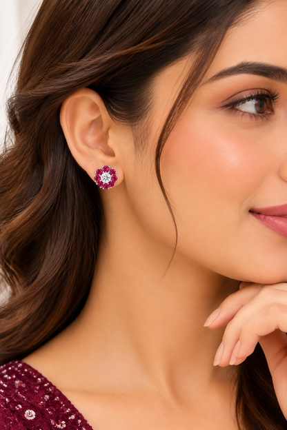 Rosette Ruby Pink Diamond Flower Stud Earrings