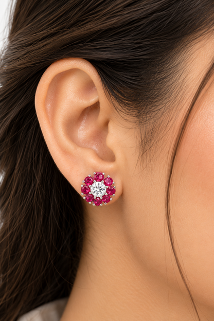 Rosette Ruby Pink Diamond Flower Stud Earrings