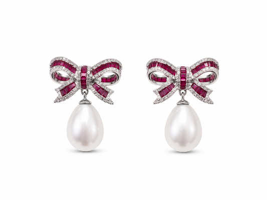 Ruby Bow Pearl Drop Earrings