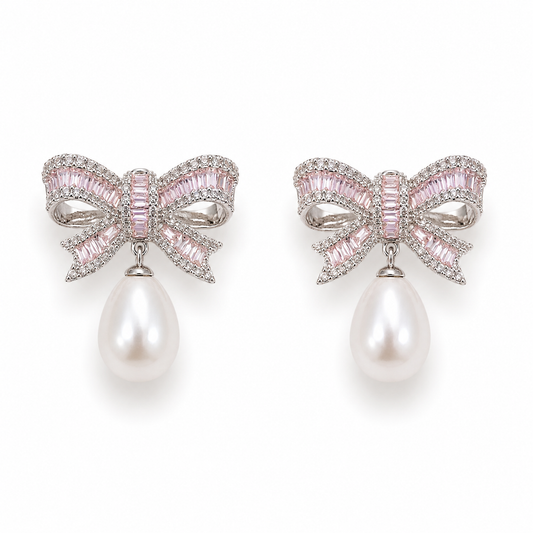 Blush Bow Pearl Drop Earrings