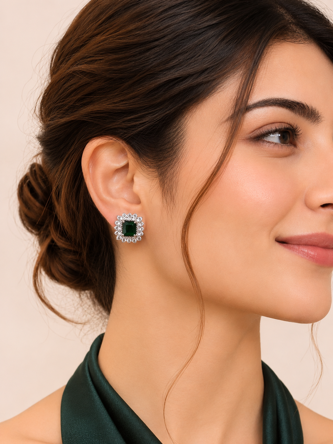 Regent Emerald Sparkling Border Stud Earrings