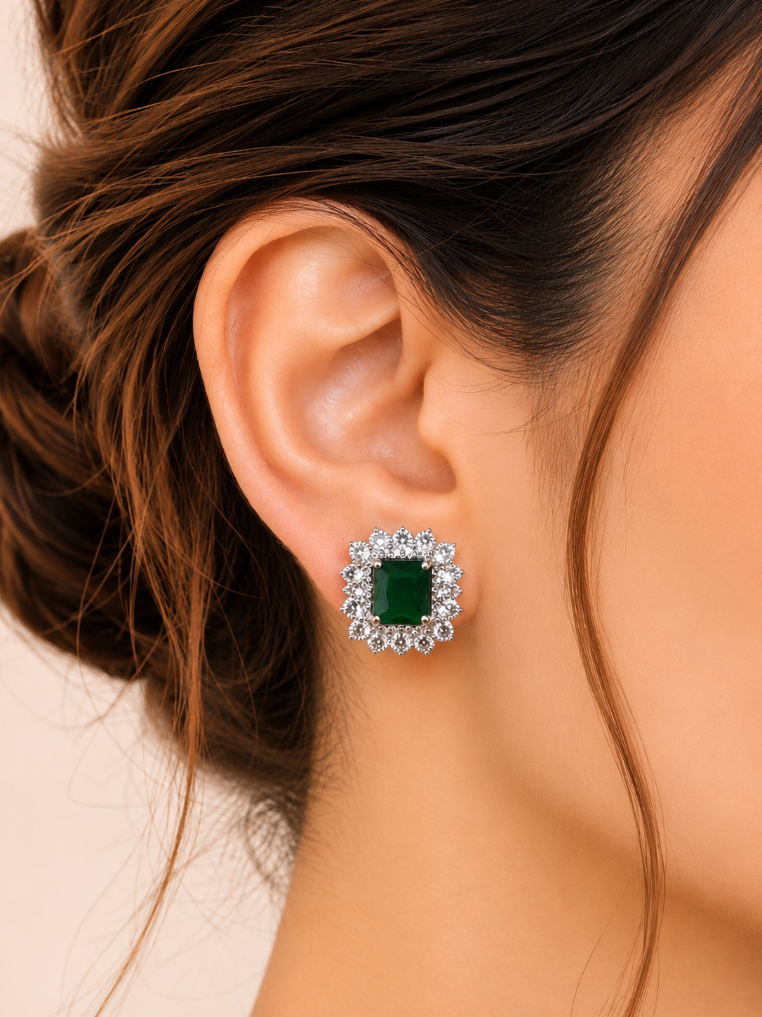Regent Emerald Sparkling Border Stud Earrings