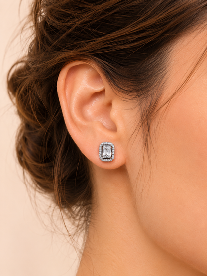 Frame Glow Rectangle Solitaire Studs with Sparkling Halo