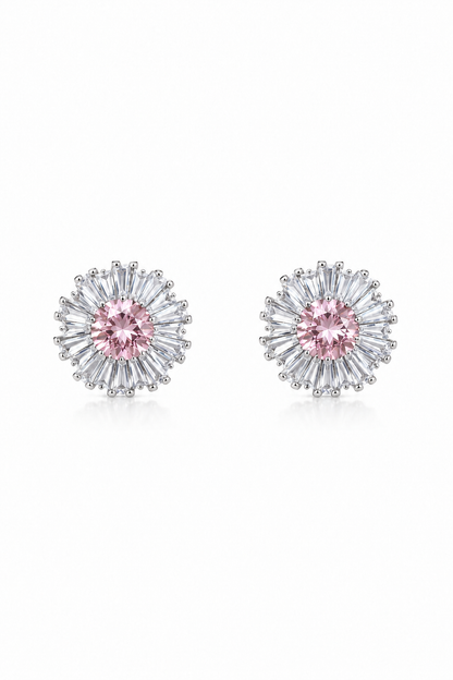 Sunburst Blush Pink Center Diamond Flower Stud Earrings
