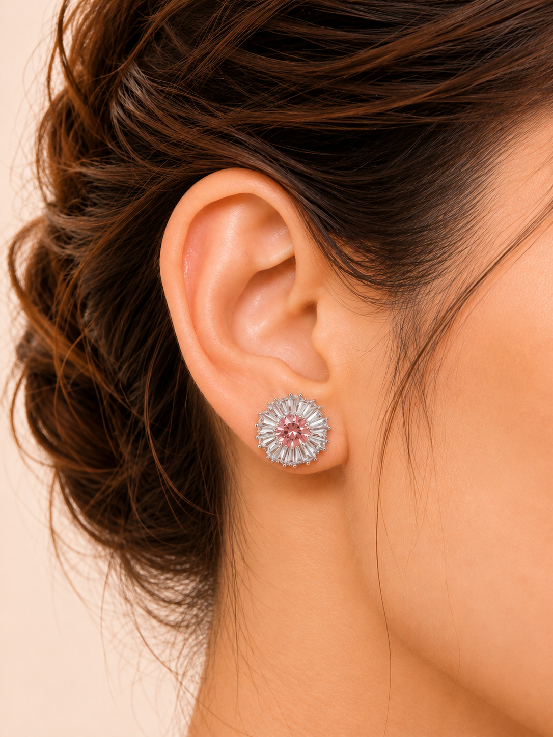 Sunburst Blush Pink Center Diamond Flower Stud Earrings