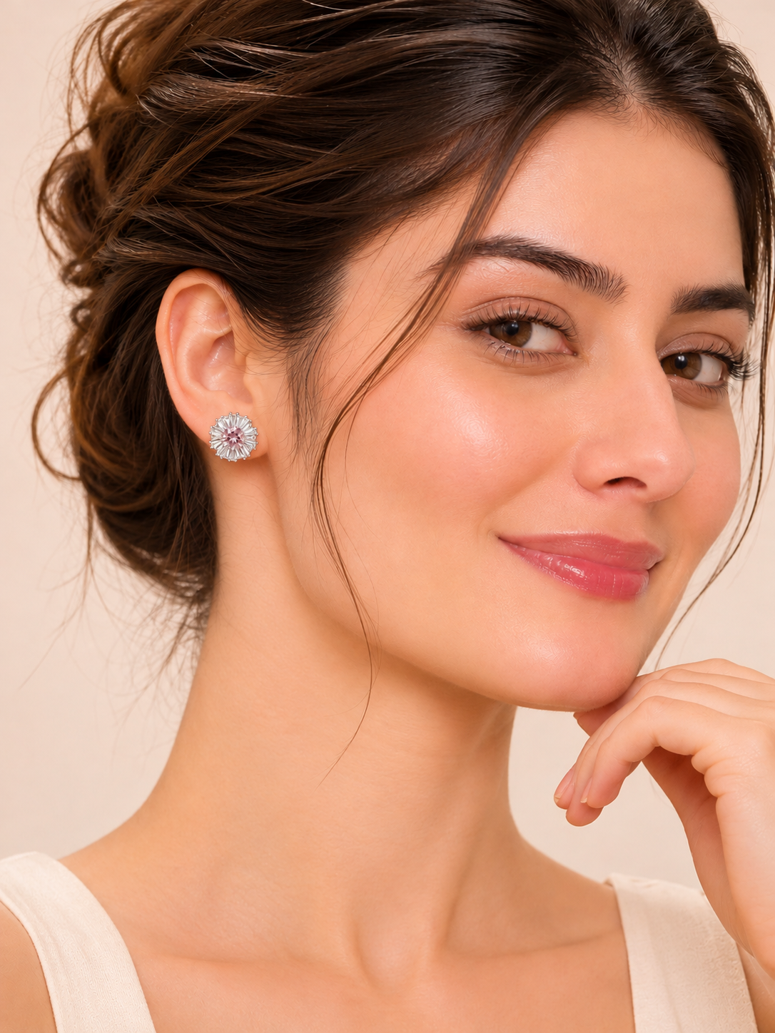 Sunburst Blush Pink Center Diamond Flower Stud Earrings