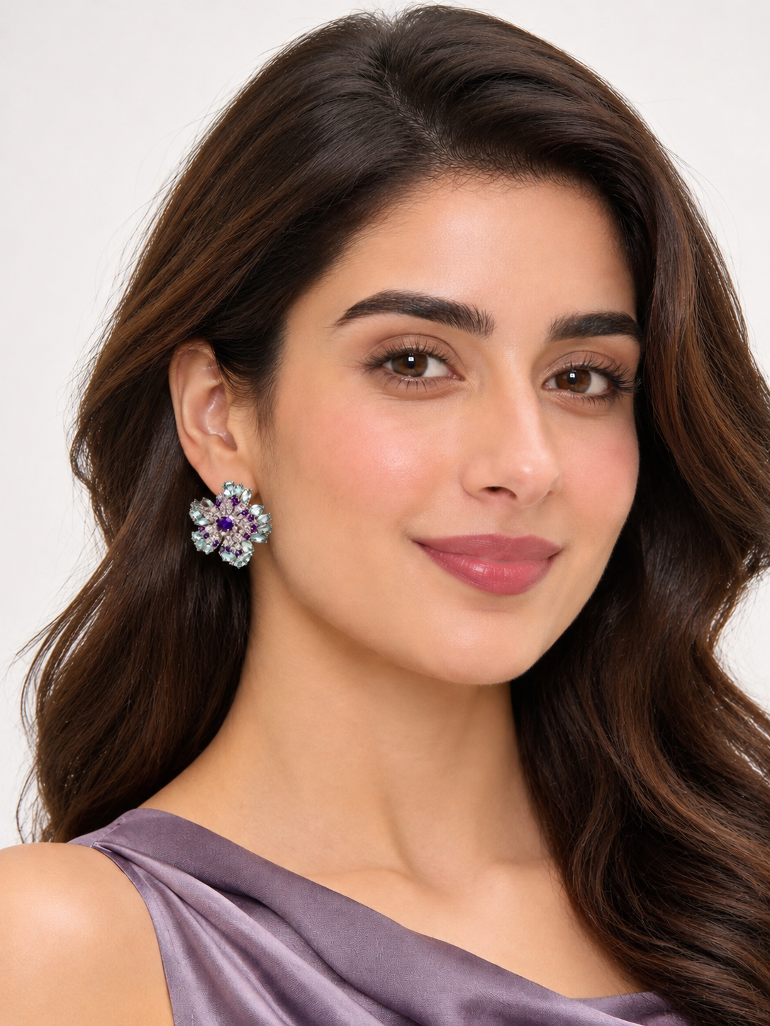Iris Garden Purple Aqua Diamond Flower Earrings