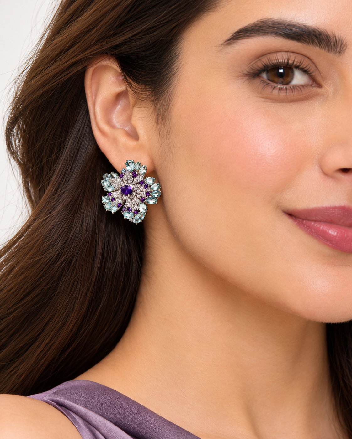Iris Garden Purple Aqua Diamond Flower Earrings